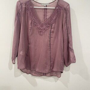 Daniel Rainn Petite Purple Gathered Slv Sheer 3/4 Sleeve Shirt Blouse Size PM